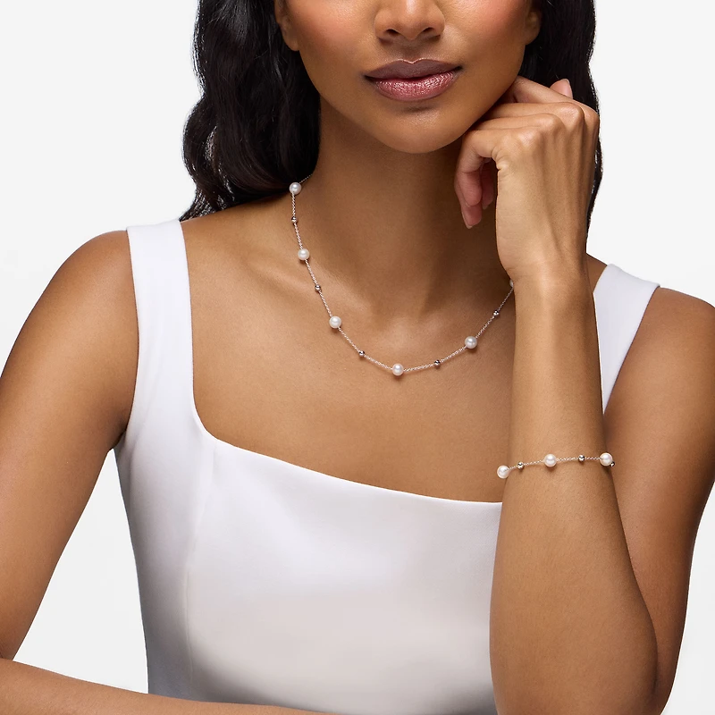Sterling Silver Bead and Freshwater Pearl Station Necklace