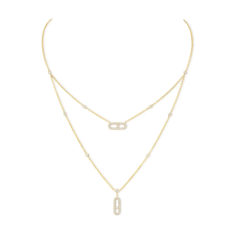 Move Uno Yellow Gold and Diamond Pavé  Two Row Necklace