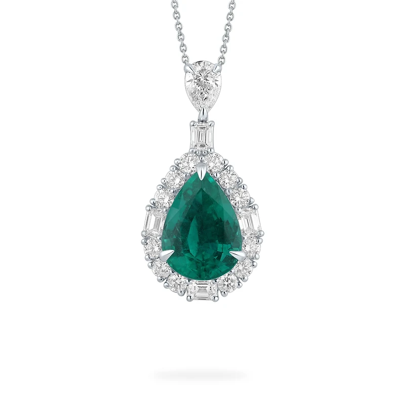 Emerald Pear-Cut Pendant with Diamonds in White Gold