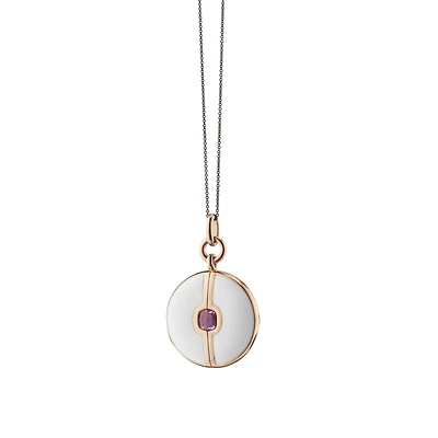 Locket X Color Yellow Gold Vermeil, White Enamel and Pink Sapphire Round Pendant