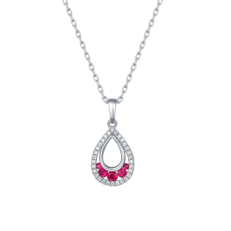Ruby and Diamond Tear drop Pendant in White Gold