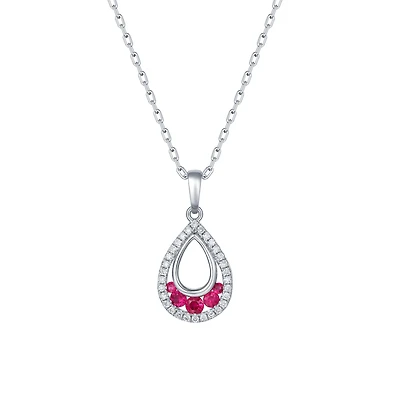 Ruby and Diamond Tear drop Pendant in White Gold