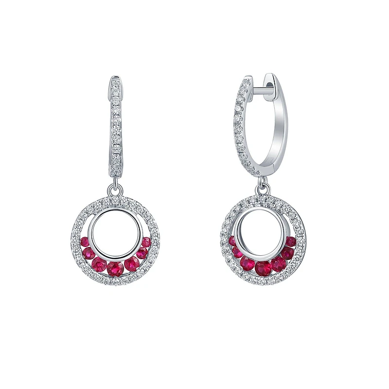 Ruby and Diamond Round Earrings in White Gold