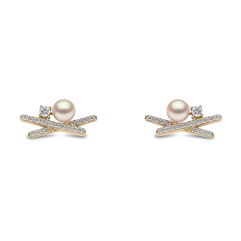 Sleek Yellow Gold Pearl and Diamond Earrings