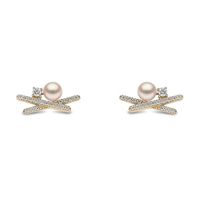 Sleek Yellow Gold Pearl and Diamond Earrings