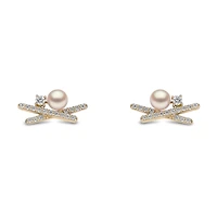 Sleek Yellow Gold Pearl and Diamond Earrings