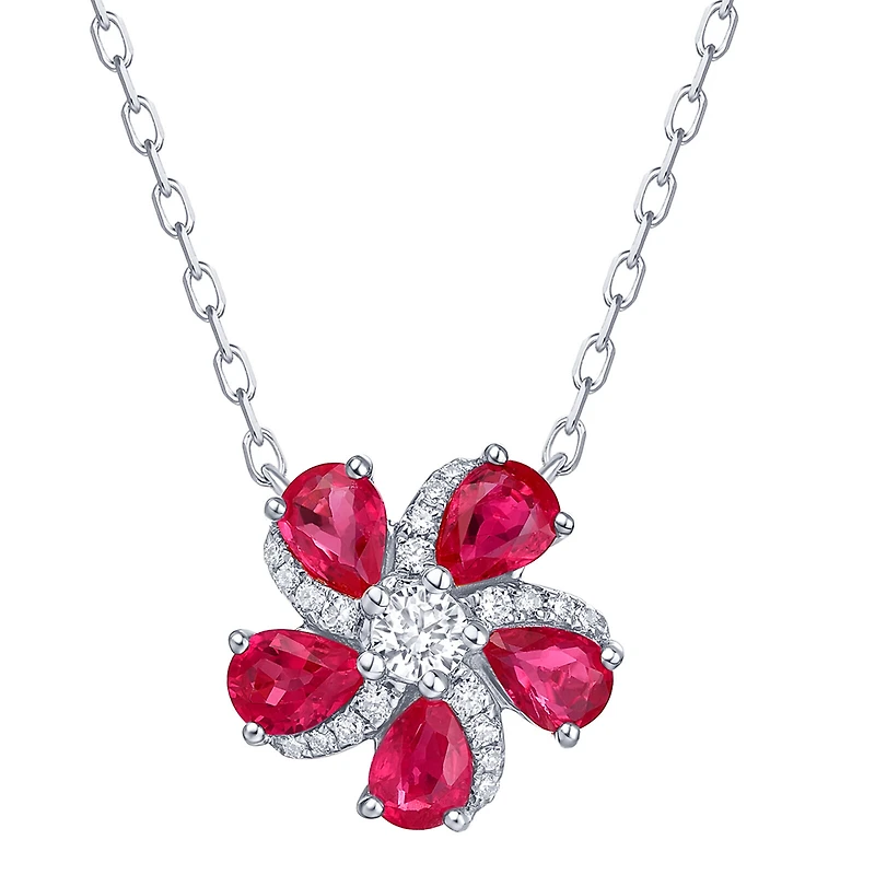 Ruby and Diamond Flower Pendant in White Gold