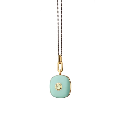 Locket X Color Yellow Gold Vermeil, Green Enamel and Sapphire Cushion Pendant