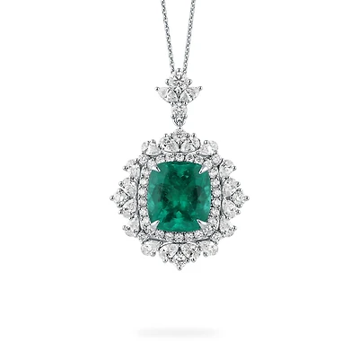 Emerald Cushion-Cut Pendant with Diamonds in White Gold