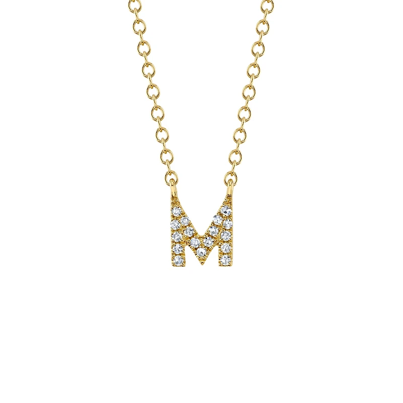 Initials Yellow Gold and Diamond Pavé Letter M Necklace