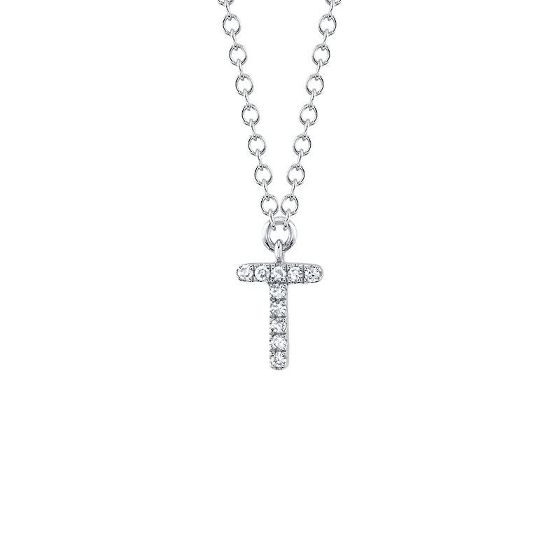 Initials White Gold and Diamond Pavé Letter T Necklace