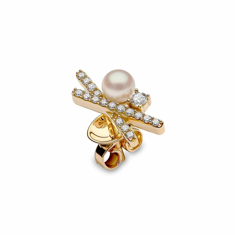Sleek Yellow Gold Pearl and Diamond Earrings