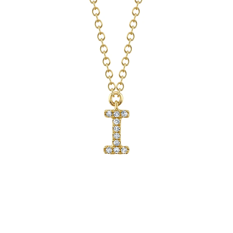 Initials Yellow Gold and Diamond Pavé Letter I Necklace