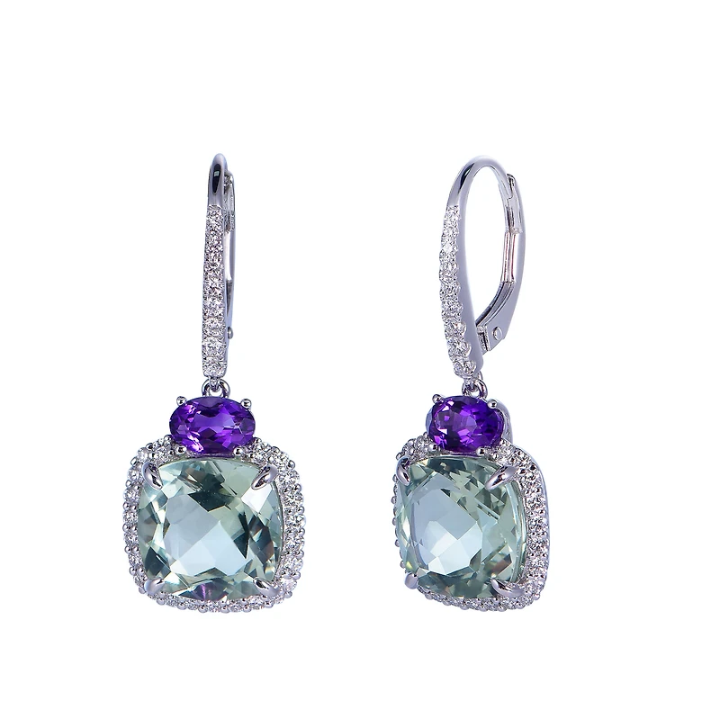 Green and Purple Amethyst Earrings in White Gold