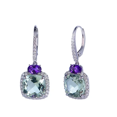 Green and Purple Amethyst Earrings in White Gold