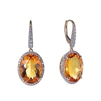 Oval Citrine Earrings with Diamond Halo in Yellow Gold