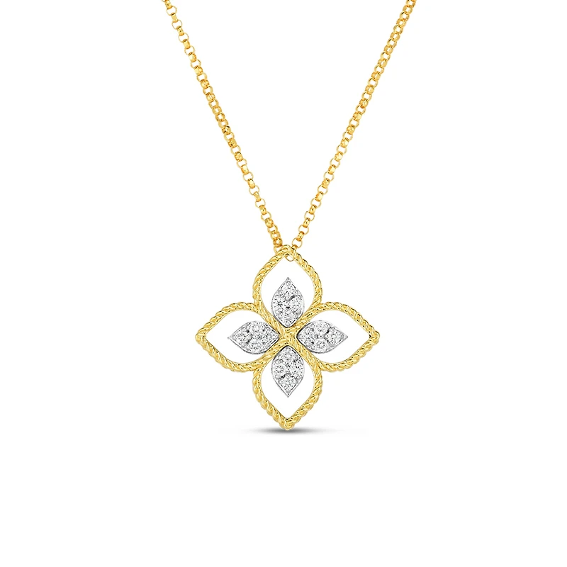 Princess Flower Large Filigree Yellow Gold and Diamond Pendant Necklace