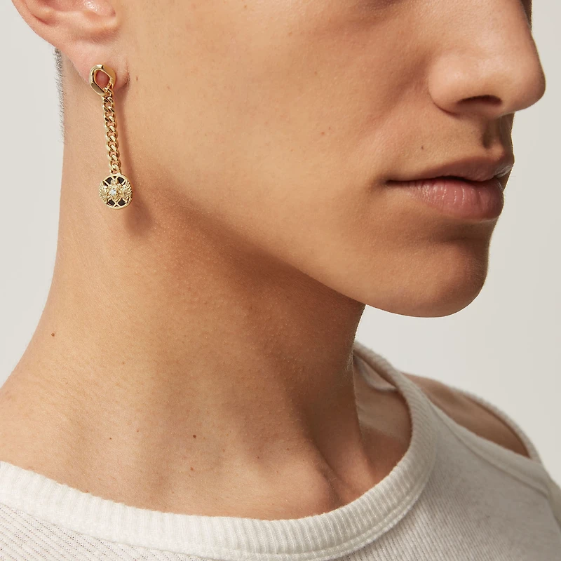 Emblem Yellow Gold Diamond and Onyx Single Drop Earring