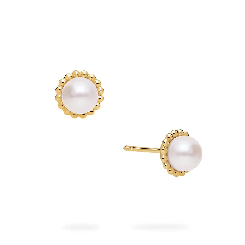 Yellow Gold Bead and Freshwater Pearl Earrings