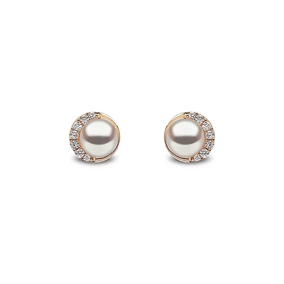 Trend Yellow Gold Pearl and Diamond Stud Earrings