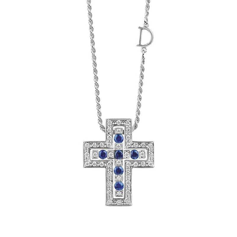 Belle Époque White Gold, Blue Sapphire and Diamond Pavé Cross Pendant