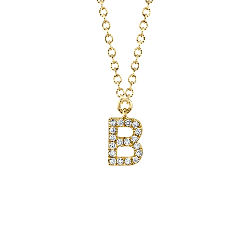 Initials Yellow Gold and Diamond Pavé Letter B Necklace