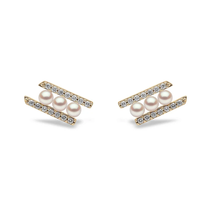 Sleek Yellow Gold Pearl and Diamond Earrings