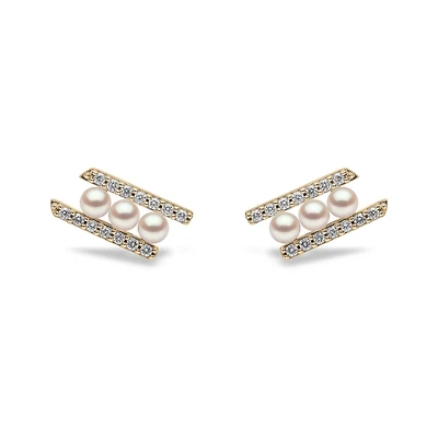 Sleek Yellow Gold Pearl and Diamond Earrings
