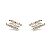 Sleek Yellow Gold Pearl and Diamond Earrings