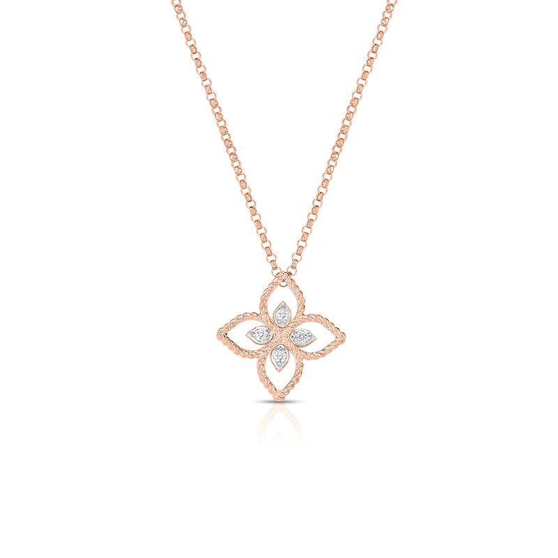 Princess Flower Filigree Small Rose Gold and Diamond Pendant Necklace
