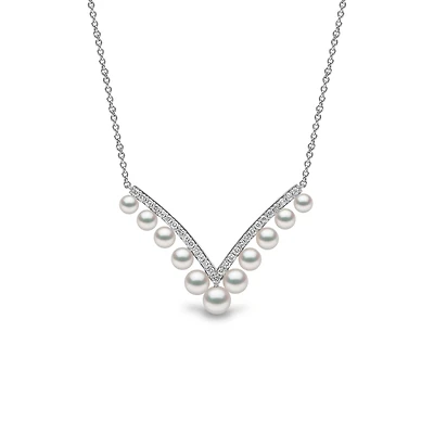 Sleek White Gold Pearl and Diamond Necklace