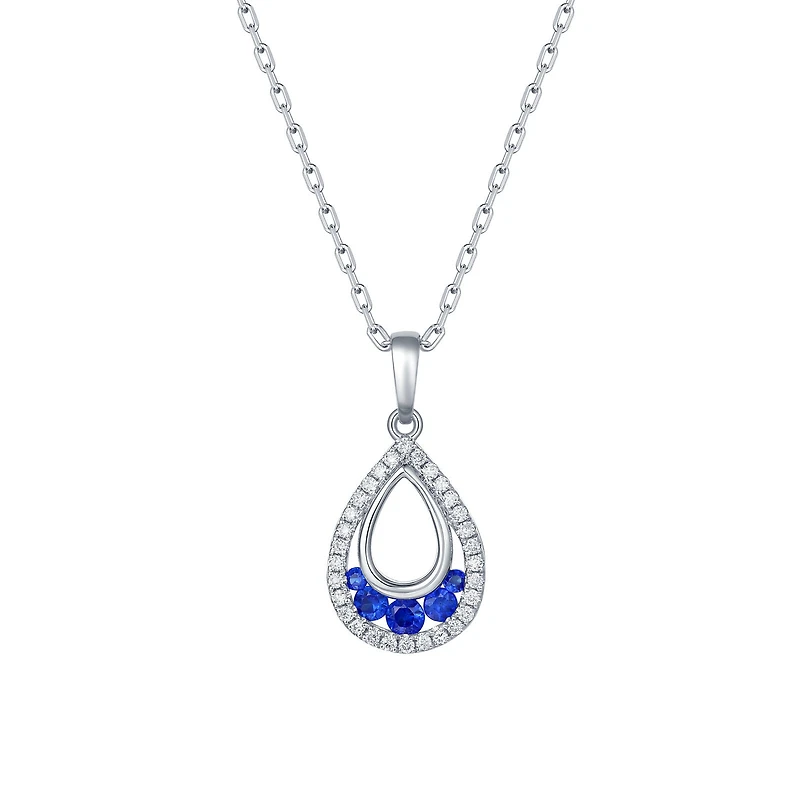 Sapphire and Diamond Tear Drop Pendant in White Gold