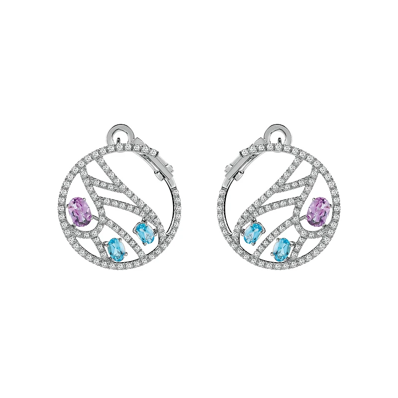 Battito D'Ali White Gold Blue Topaze. Amethyst and Diamond Earrings
