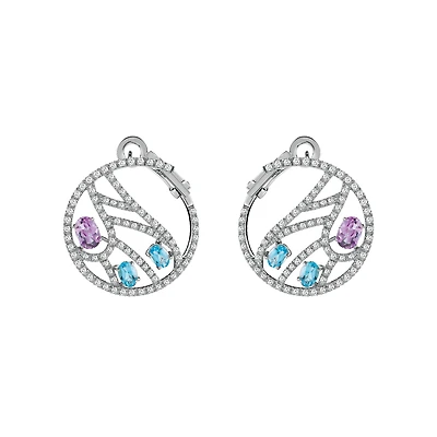 Battito D'Ali White Gold Blue Topaze. Amethyst and Diamond Earrings