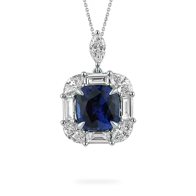Sapphire Cushion-Cut Pendant with Diamonds in White Gold