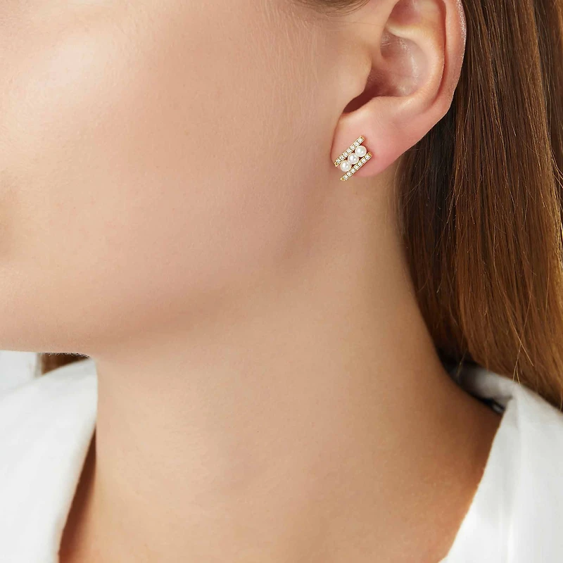 Sleek Yellow Gold Pearl and Diamond Earrings