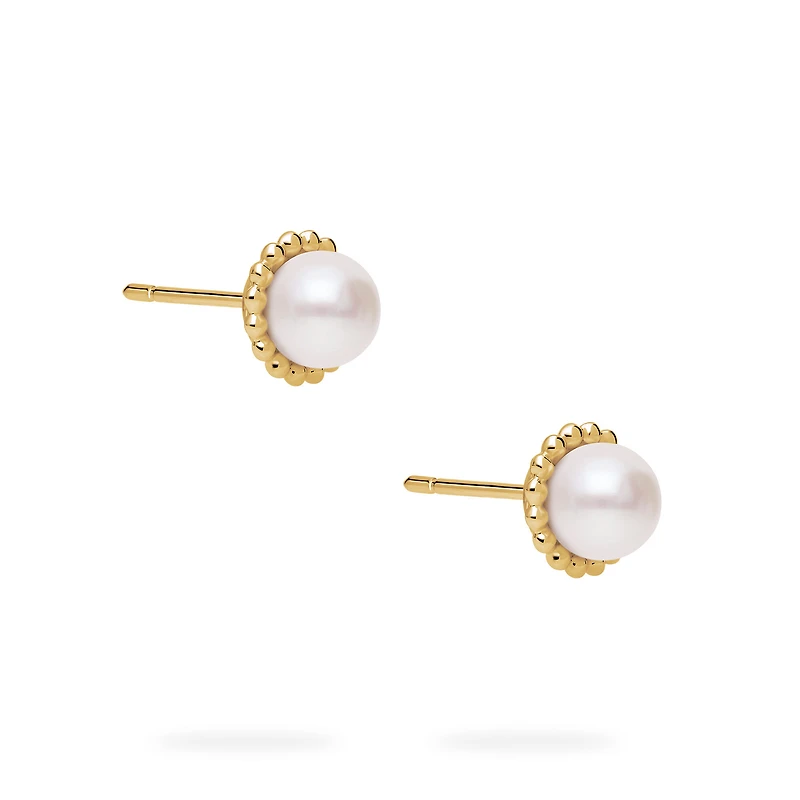 Yellow Gold Bead and Freshwater Pearl Earrings