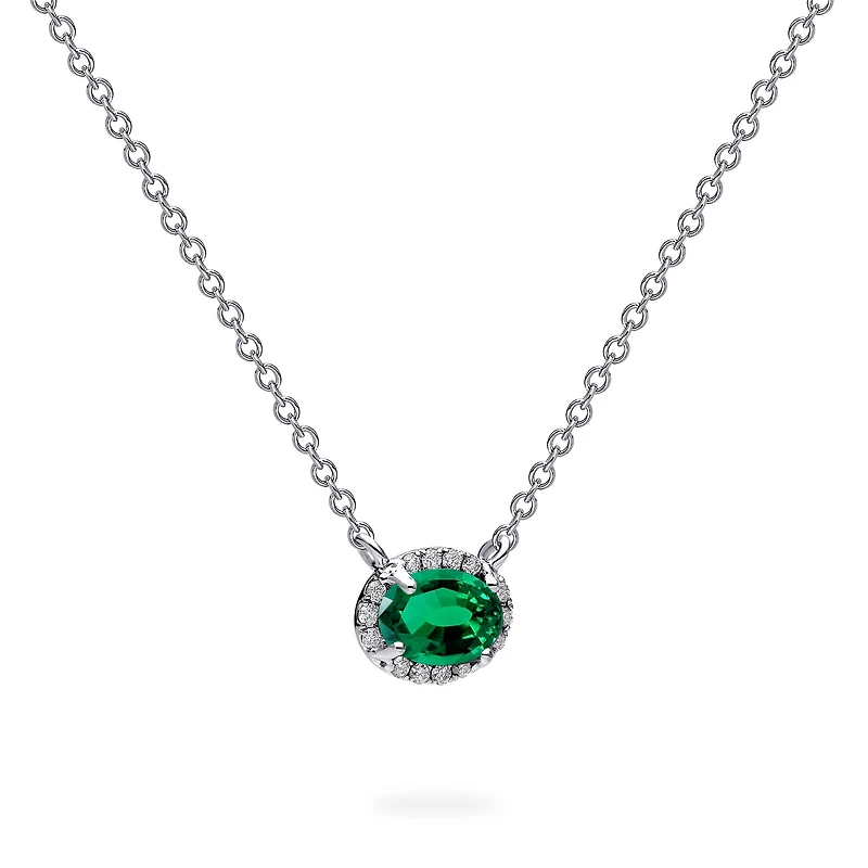 White Gold Emerald and Diamond Pendant Neckalce