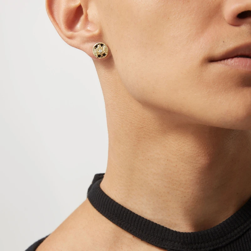 Emblem Yellow Gold Diamond and Onyx Single Stud Earring