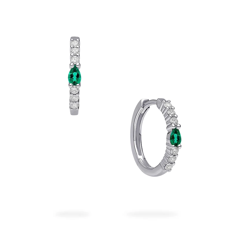 White Gold Emerald and Diamond Hoop Earrings