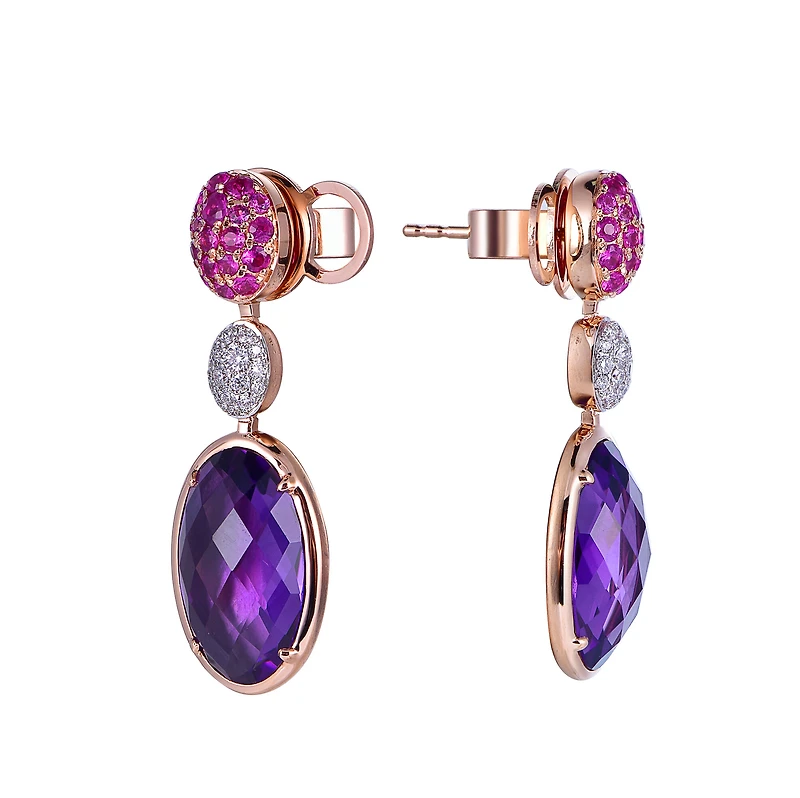 Pink Sapphire and Amethyst Earrings in Rose Gold