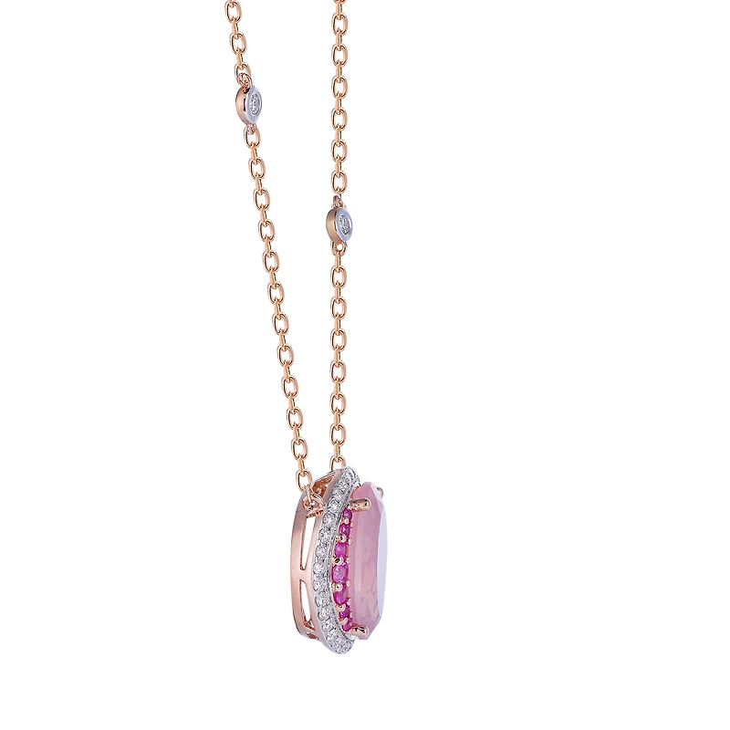 Rose Quartz Pendant with Pink Sapphire and Diamond Accents in Rose Gold