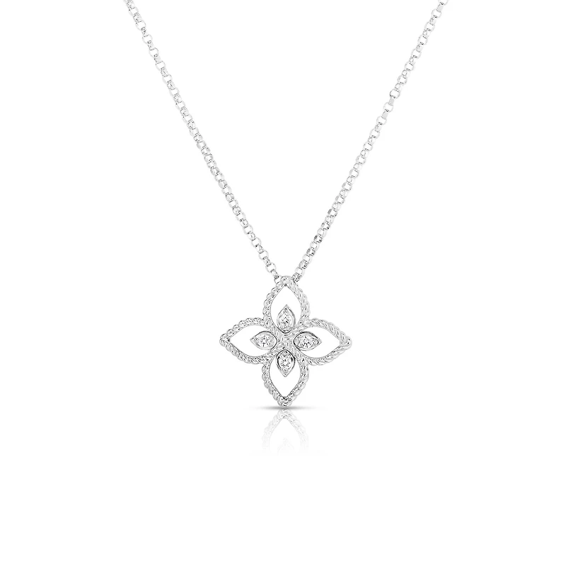 Princess Flower Filigree Small White Gold and Diamond Pendant Necklace