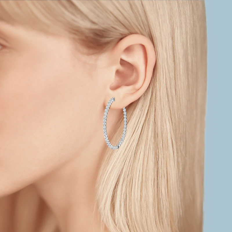 Large White Gold and Diamond Paved Hoop Earrings