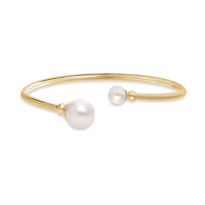 Yellow Gold Bead and Freshwater Pearl Open Bangle