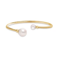 Yellow Gold Bead and Freshwater Pearl Open Bangle