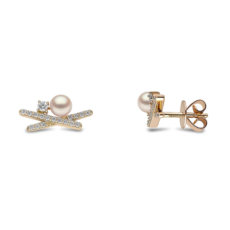 Sleek Yellow Gold Pearl and Diamond Earrings