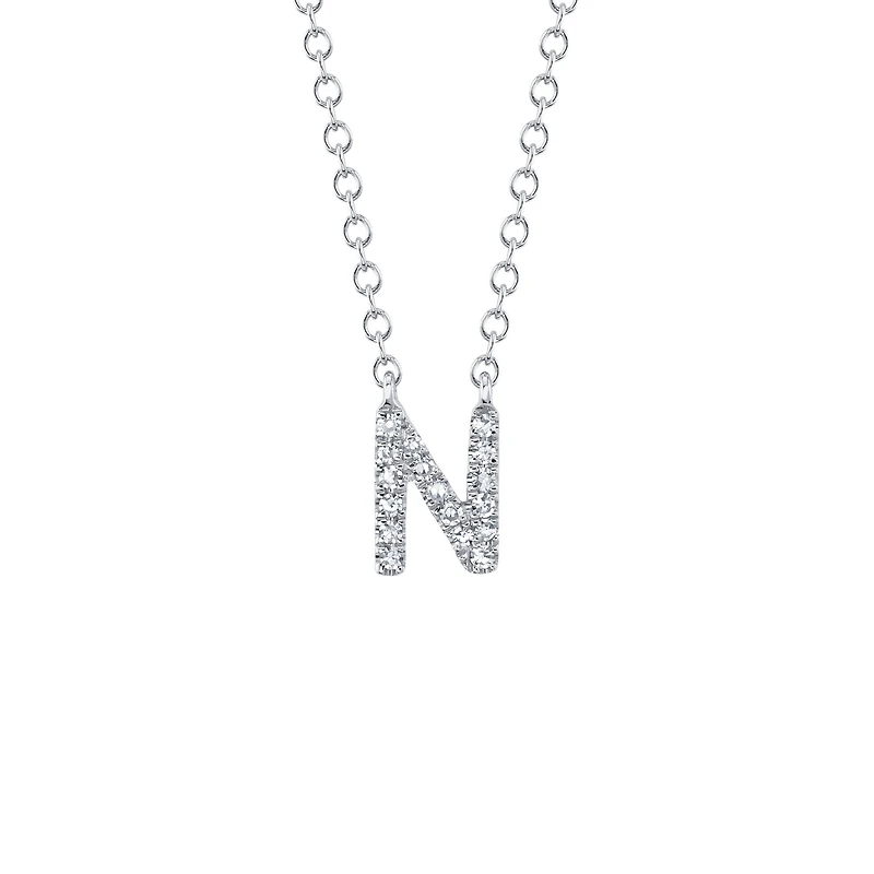 Initials White Gold and Diamond Pavé Letter N Necklace