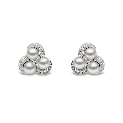 Sleek White Gold Pearl and Diamond Stud Earrings