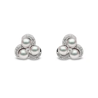 Sleek White Gold Pearl and Diamond Stud Earrings